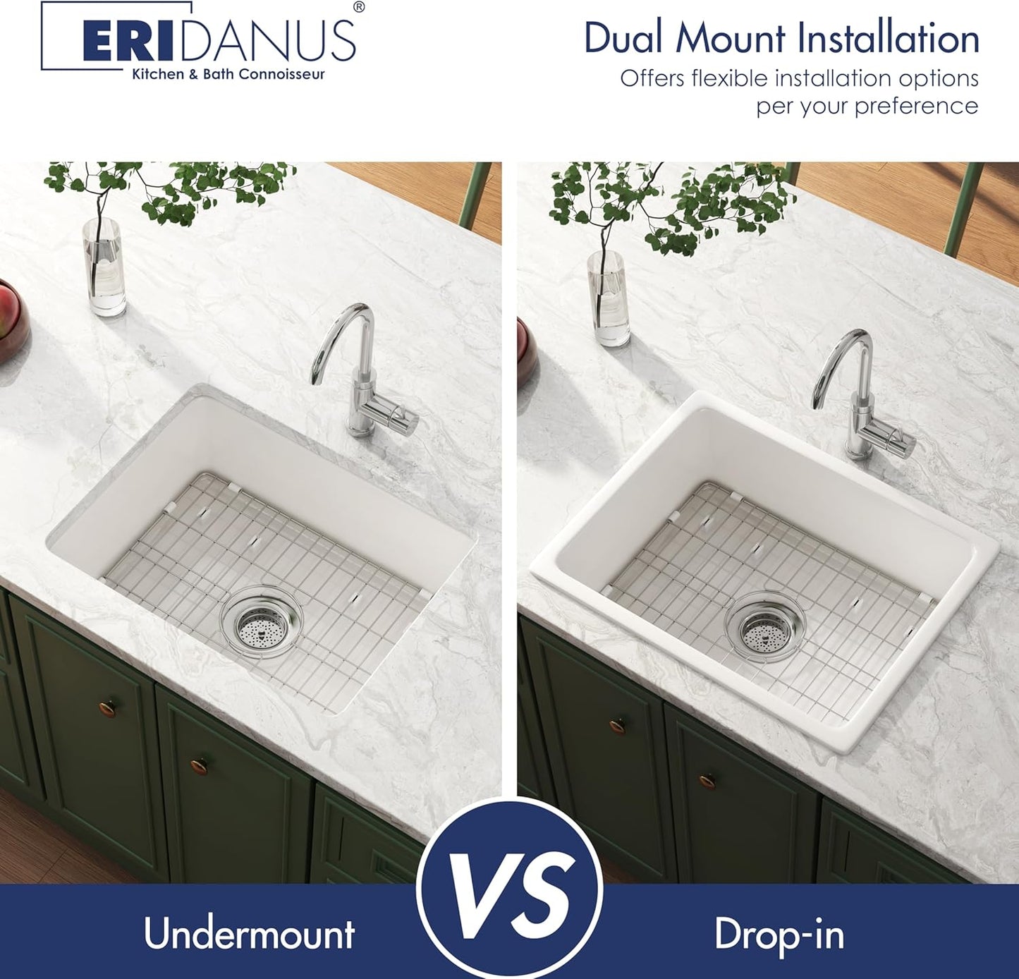 Drop in Kitchen Sink, Eridanus 24'x 18' Undermount Kitchen Sink 24 Inch Fireclay Sink Dual Mount White Kitchen Sink Topmount Deep Single Bowl