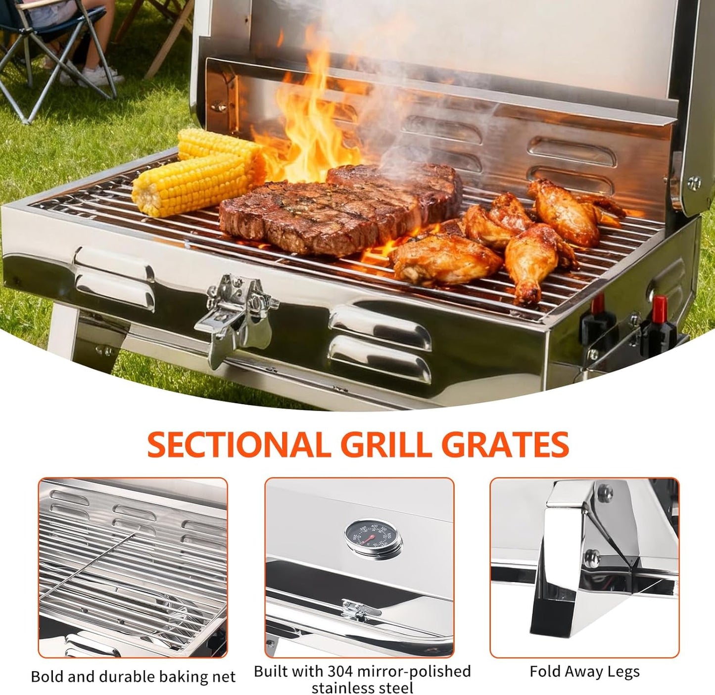 Tabletop Gas Grill, 304 Stainless Steel Marine Grills, NO ROD HOLDER MOUNT, Portable Propane BBQ for Boats & Tailgating & Camping, Built in Thermometer (Grill)