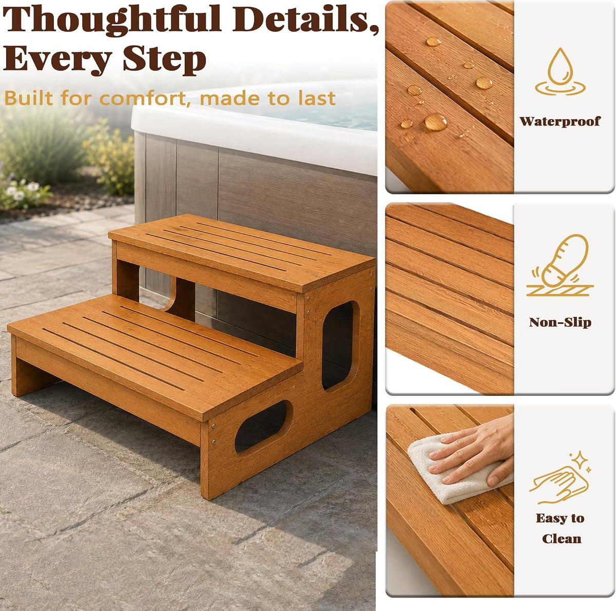 Wood Hot Tub Steps, Waterproof & Non-Slip Outdoor Spa, Pool Stairs Straight:24.7"x13.2" Oak