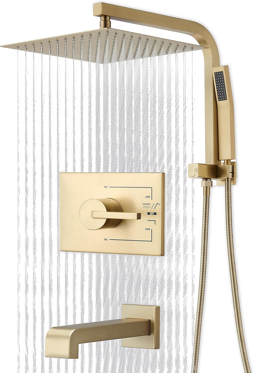 Gold Shower Faucet Set with 12 Inch Gold Shower Heads with Handheld Spray Combo and Tub Spout and Valve