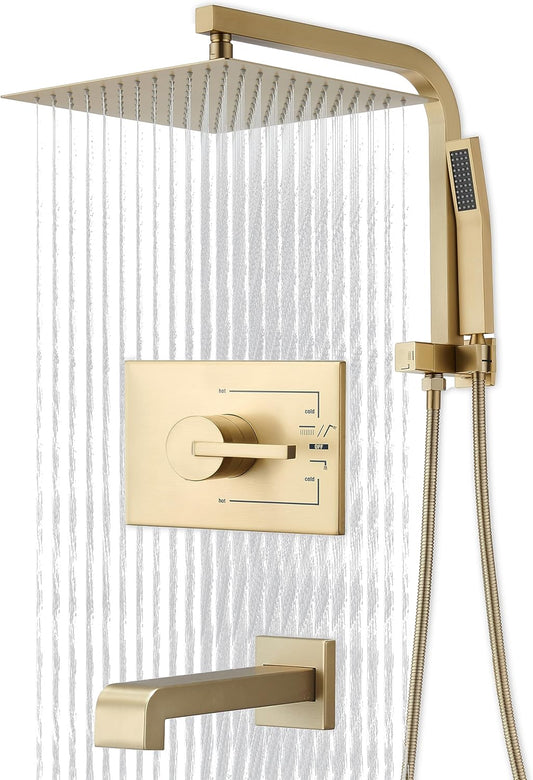 Gold Shower Faucet Set with 12 Inch Gold Shower Heads with Handheld Spray Combo and Tub Spout and Valve