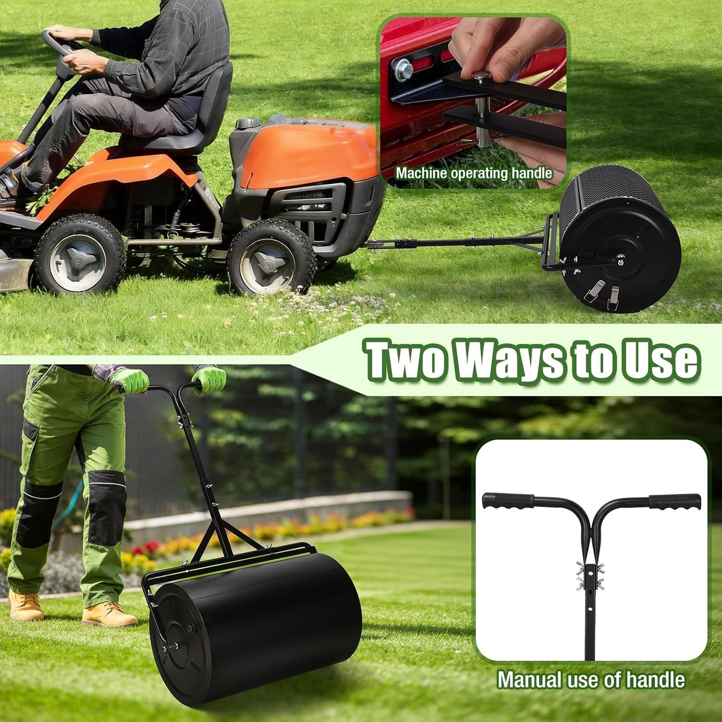 GADFISH 24 Inch Compost Spreader & Lawn Roller, Featuring One Wire Mesh Roller and One 23 Gallon Hollow Roller, Push & Tow Design, Suitable for Lawn Maintenance and Peat Moss Spreader