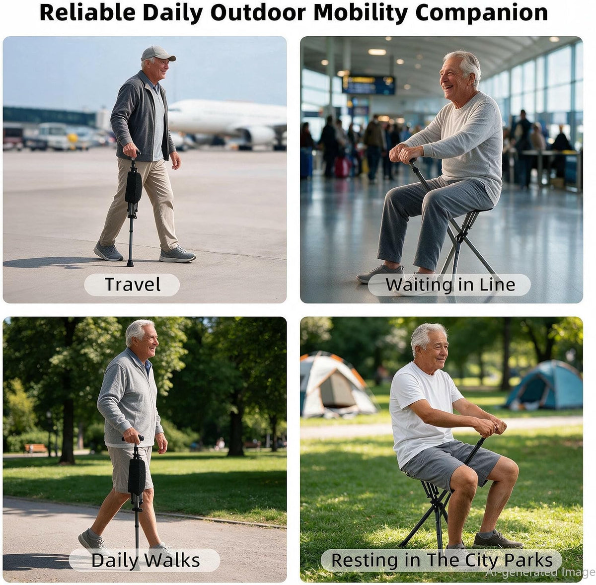 EziMedPil 2-in-1 Adjustable Cane Seat for Seniors with LED Light