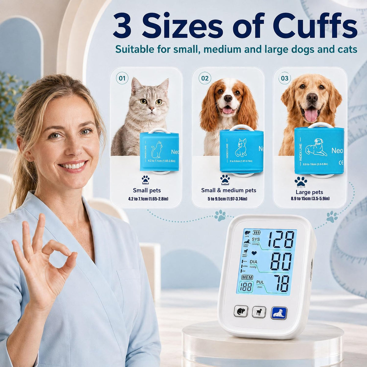 Dog & Cat Blood Pressure Monitor, Automatic Digital Pet BP Machine with Large LCD Backlight Display, 3 Size Adjustable Cuffs, 3×199 Data Memory