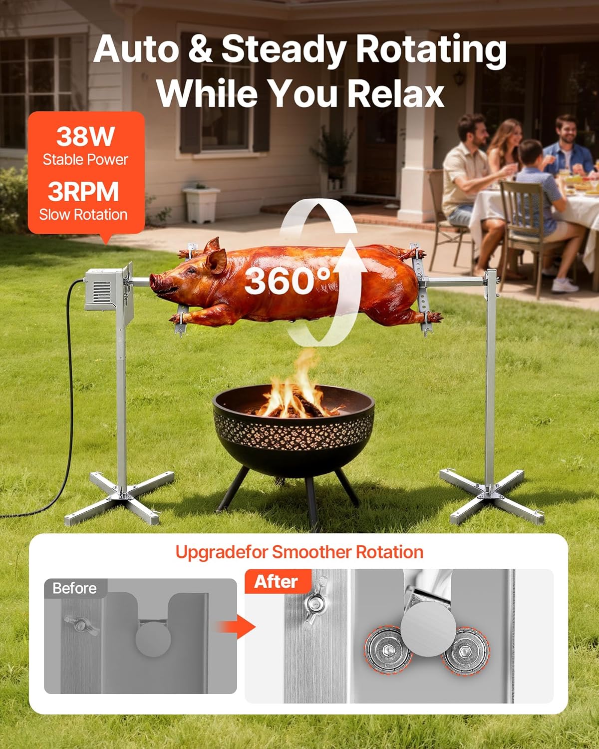 VEVOR Rotisserie Grill, N52" Electric Rotisserie Grill Kit | Stainless Steel BBQ Outdoor Pig Lamb Roaster, Automatic Rotation Grilling Kits Height Adjustable, Camping Backyard Party