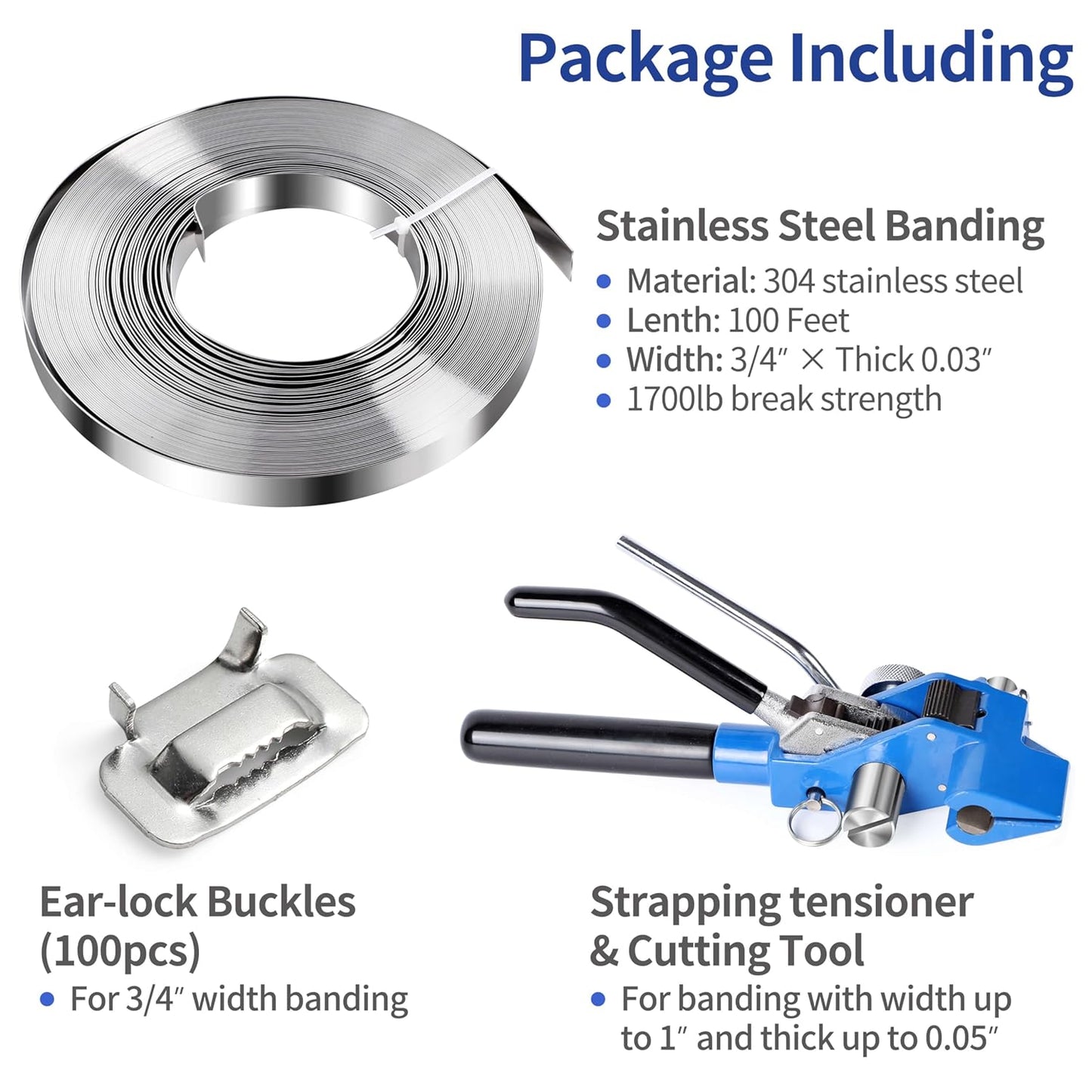 Pallet Packing Banding Strapping Kit  3 in 1 Banding Tools for Steel Strapping Include Tensioner Tool, 100' Length x 3/4' Wide 304 Stainless Steel