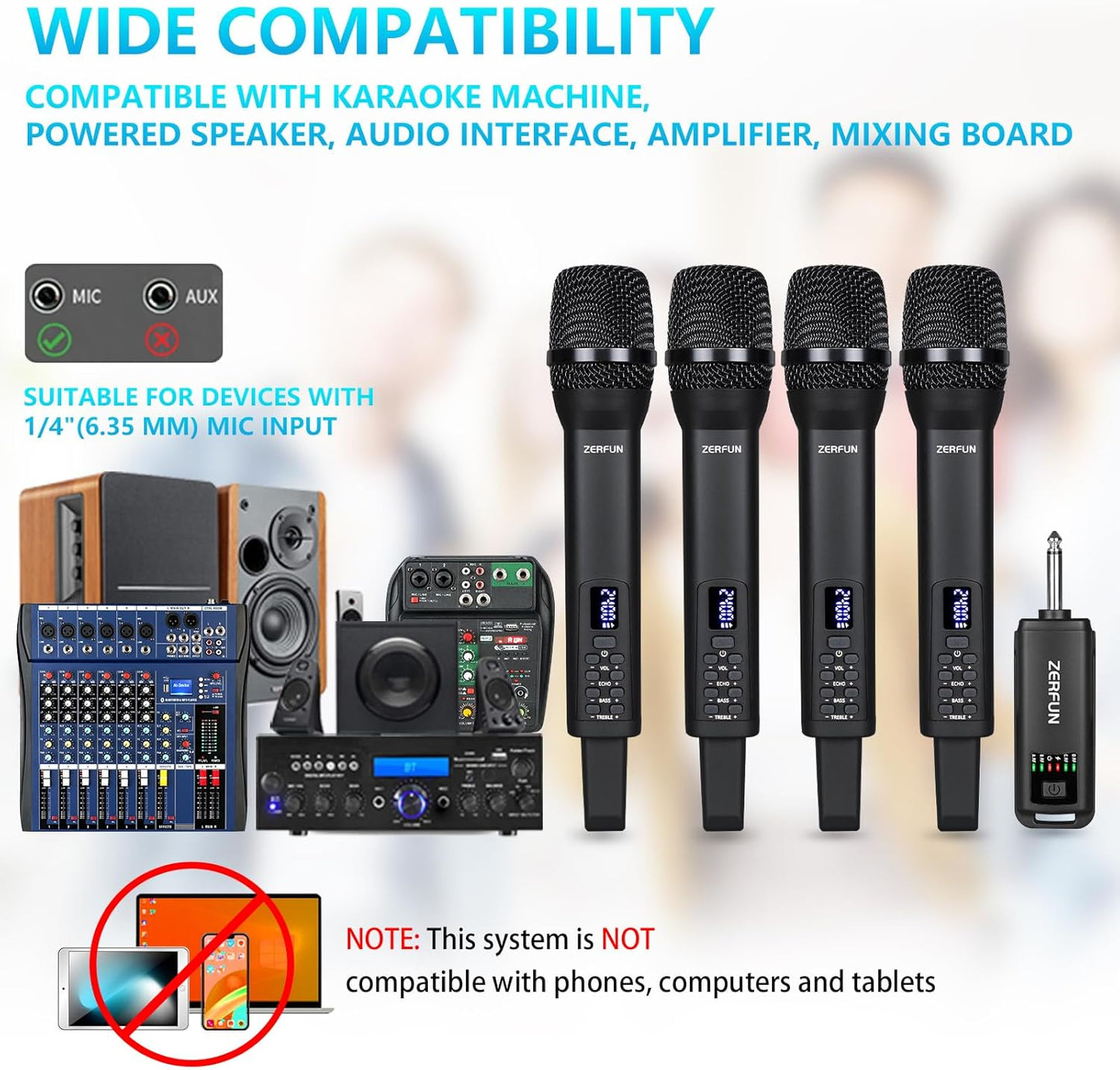 Rechargeable Wireless Microphones 4, Pro Handheld Cordless Mics System Dynamic with Echo Treble BASS VOL Contr