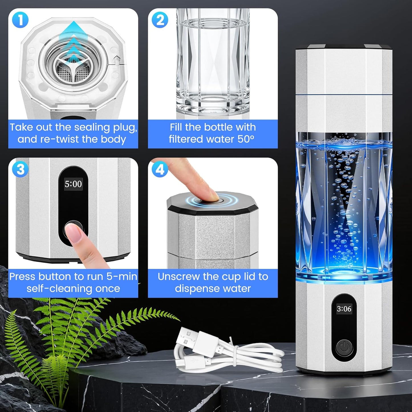 Hydrogen Water Bottle 10,000+PPB - PPB Molecular Hydrogen Infusion - SPE/PEM Technology (Silver)