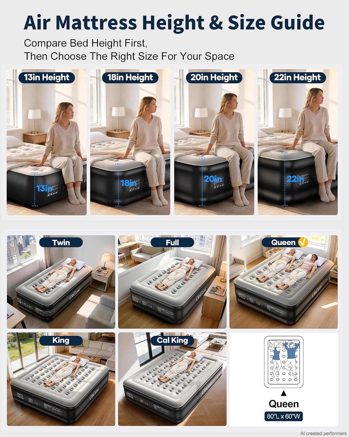 OhGeni 22" Raised Air Mattress Queen with Built in Pump, Inflatable Blow Up Mattress, Upgraded Surface Portable Bed for Home, Camping, Colchone Inflable, Ideal Sleep Solution for Guests, 650lbs