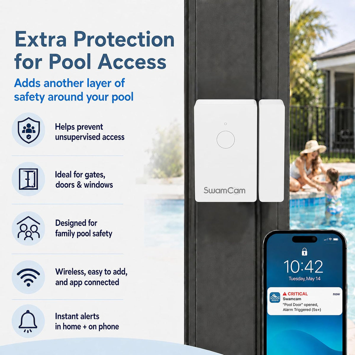 SwamCam Door & Window Sensor Pool Alarm Hub System – Certified to UL2017