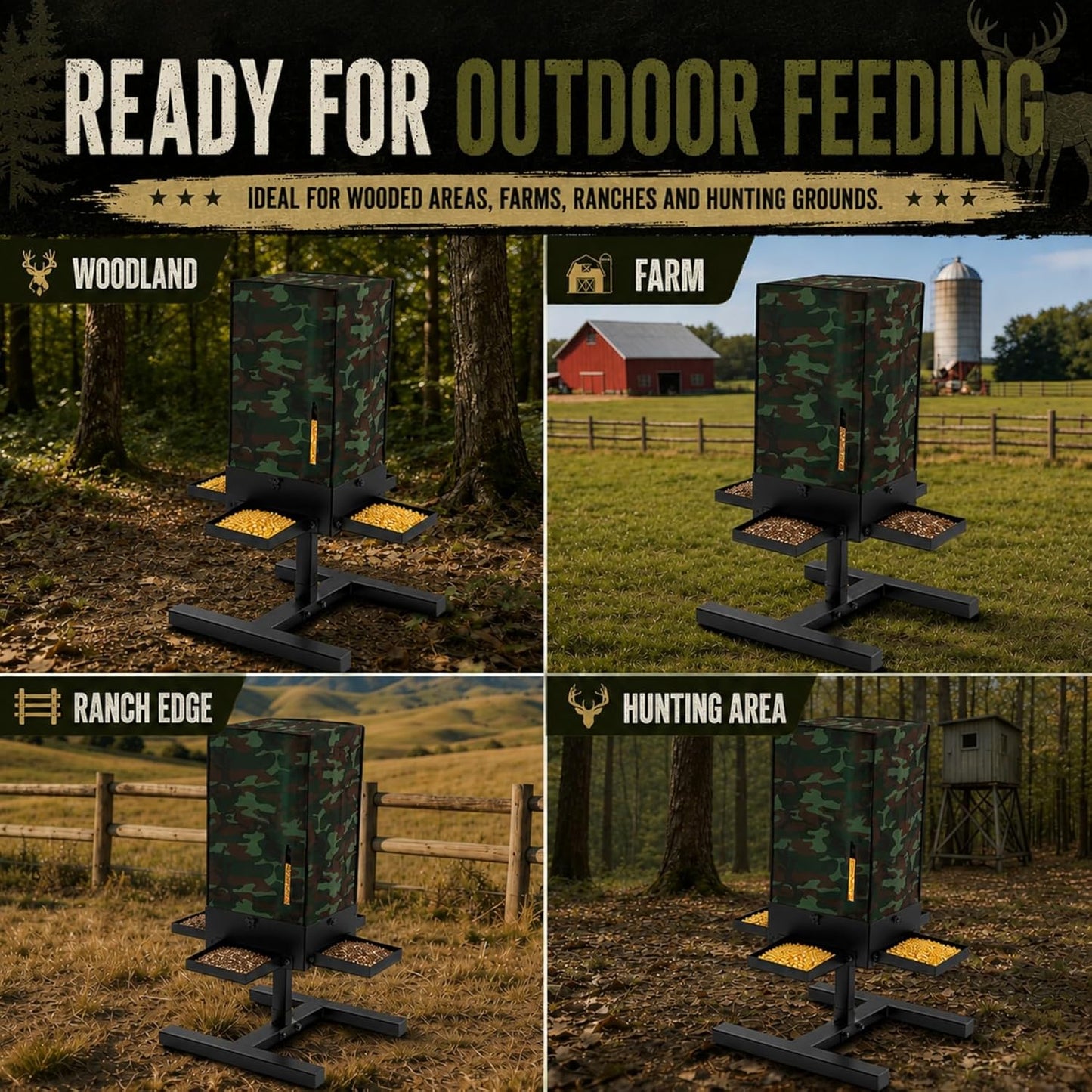 50 lbs Deer Feeder with 4 Feeding Tray, Gravity Deer Feeder with Adjustable Feed Outlet, View Window, Weatherproof Camo Cover, Metal Deer Feeders for Woodland, Farm, Ranch & Hunting Grounds