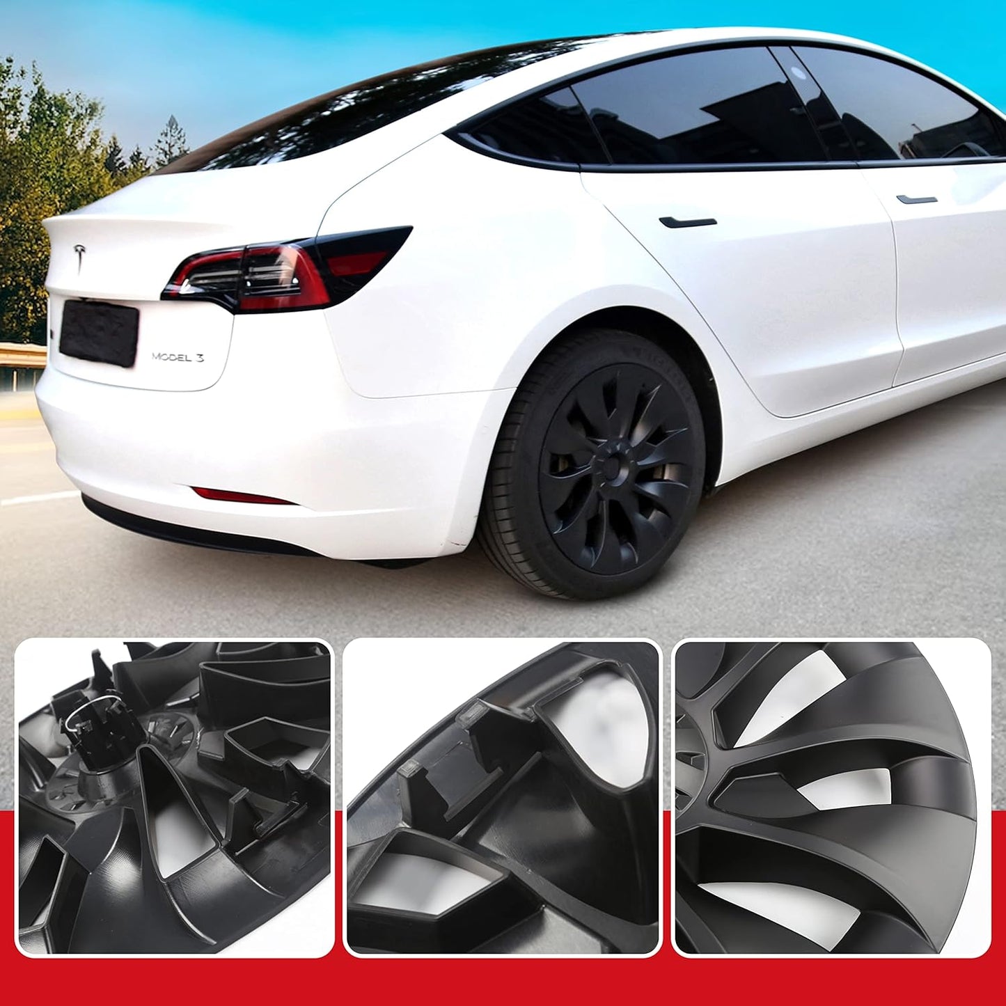 ROADARMOUR (US Business) FitsTesla Model 3, 18 Inch Matte Black Hubcap Wheel Cover (4 PCS) Long Range Improvement Uberturbine Style 2017-2023 Model 3