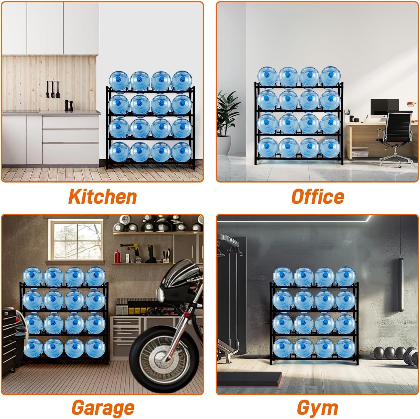 16-Tray Water Cooler Jug Rack 5 Gallon Water Dispenser Jug Holder Stand, 4-Tier Heavy Duty Carbon Steel 3/5