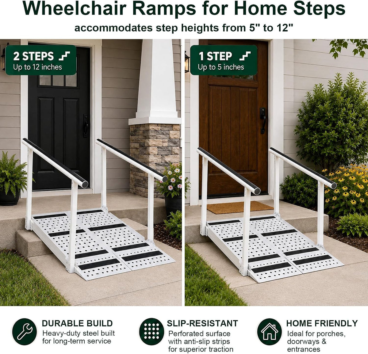 45 Inch Wheelchair Ramp with Handrails, 5‑12" Rise, Carbon Steel Wheelchair Ramp for Home Steps, 770 LBS Weight Capacity, Anti‑Slip Strips, for Home Steps & Mobility‑Impaired Users