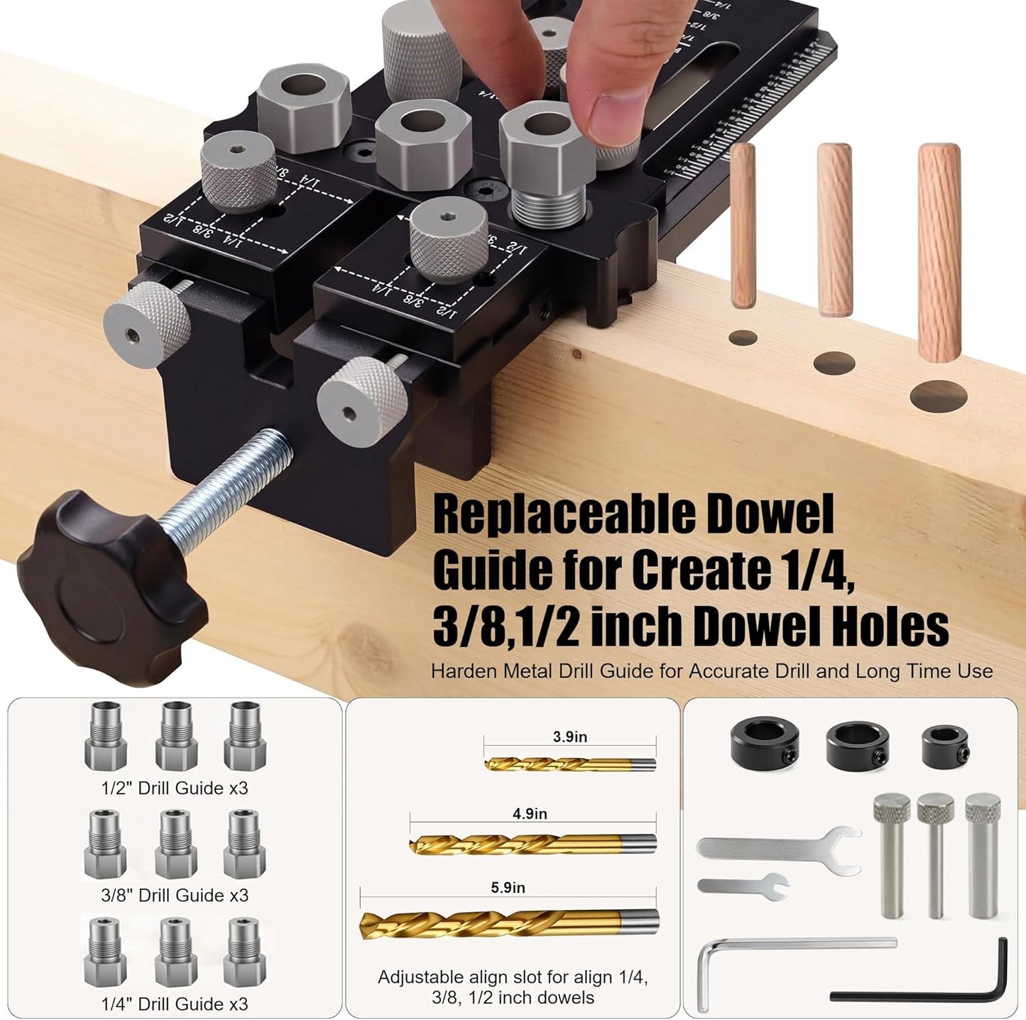 Dowel Jig Kit with Quick Positive Stop and Clamp, Precision Adjustable Doweling Jig for Drill 1/4, 3/8 and 1/2 Inch Accurate Straight Dowel Holes, fit Any Thickness Wood Joints, for Furniture, Cabinet Black