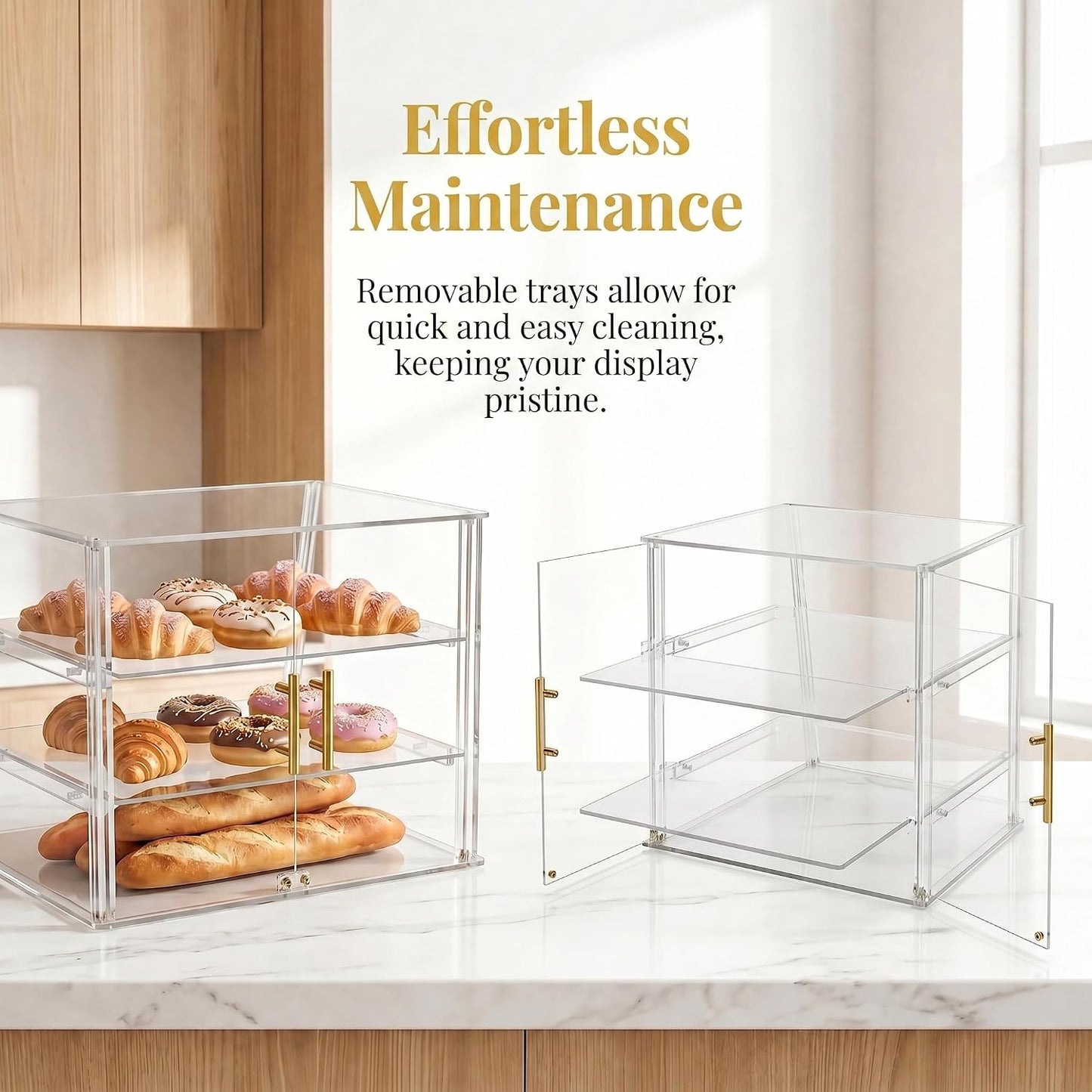 3-Tier Commercial Bakery Display Case with Removable Trays, 18.9" L x 17.8" W x 14.17" H Countertop Pastry Showcase, Clear Acrylic PETG Dessert Cabinet with Magnetic Doors for Donuts Cakes Cookies
