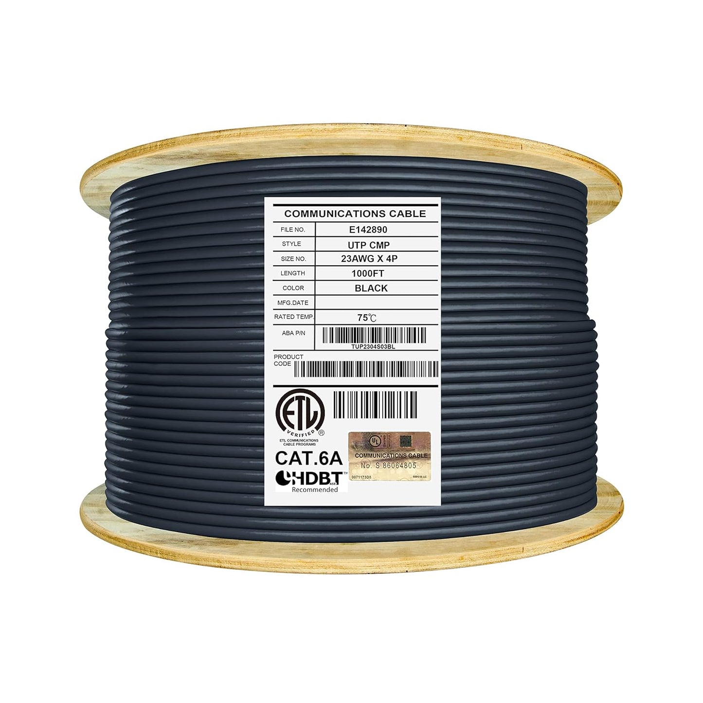 Elite Cat6A Plenum Unshielded, CMP, 750MHz, UL Listed, 1000ft, 23AWG, Solid, Pure Copper, ETL Verified, Higher Performance PoE, Black