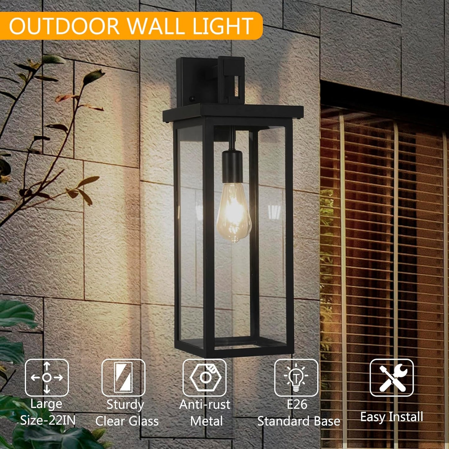 22IN Large Modern Exterior Lighting Fixtures with Clear Glass Shade, E26 Base Waterproof