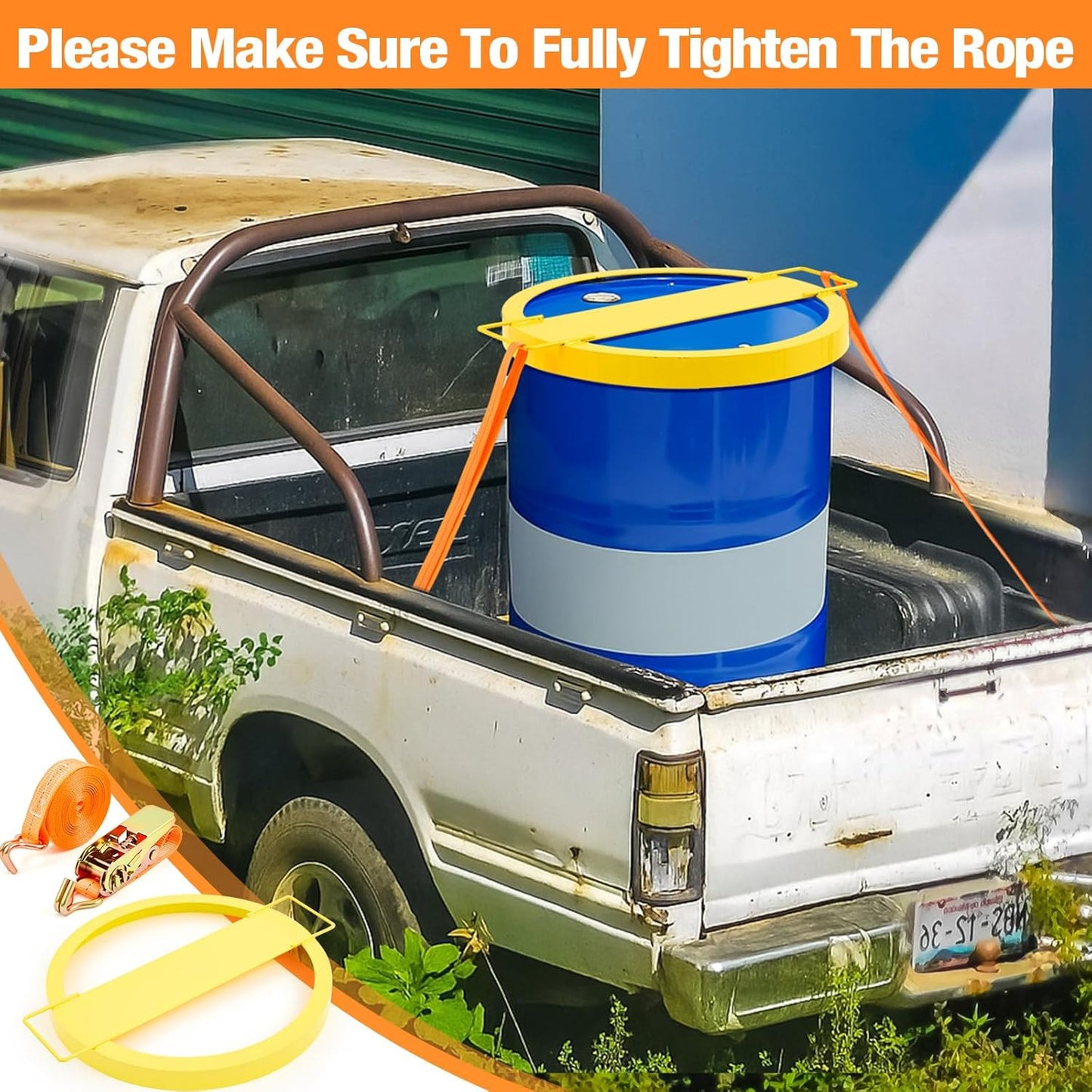 Steel Drum Tie Down for 55 Gallon Bucket 1 Steel Drum Securing Lid and 2 Pack Adjustable Ratchet Strap Transporting 55 Gallon Drums