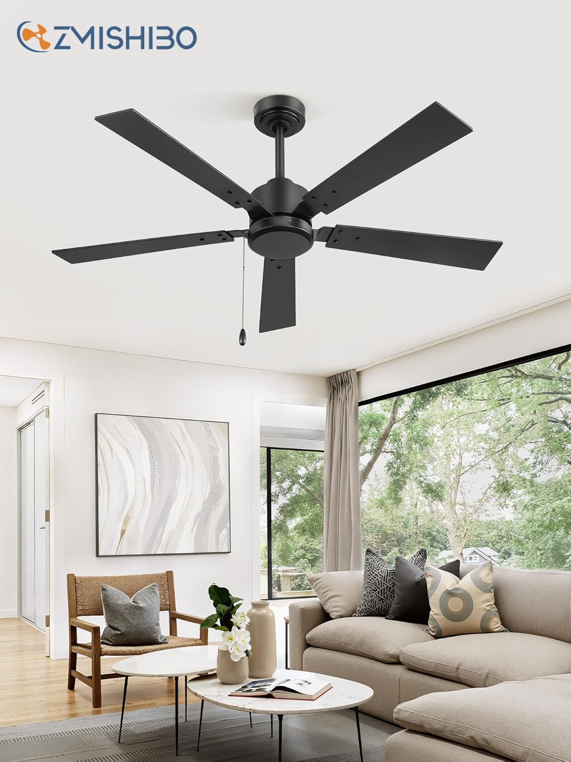 ZMISHIBO 52 Inch Ceiling Fan No Light with Pull Chain, Modern Ceiling Fan without Lights, 6-Speeds, Quiet DC Motor, Remote Control, Black Ceiling Fan for Bedroom, Living Room, Indoor/Outdoor Use Black 52 Inch