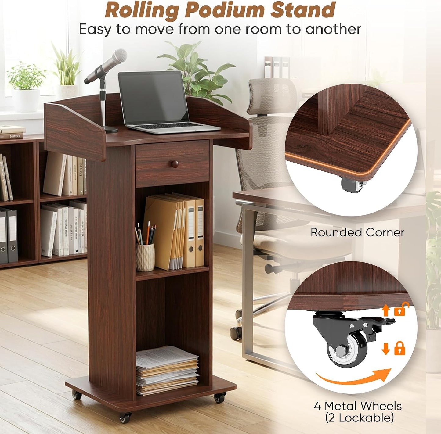 Portable Podium Stand with Metal Wheels, Rolling Podium with Drawer and Adjustable Shelf, Mobile Pulpit for Church, Wooden Lectern for Classroom Office Restaurant Conference (Brown)