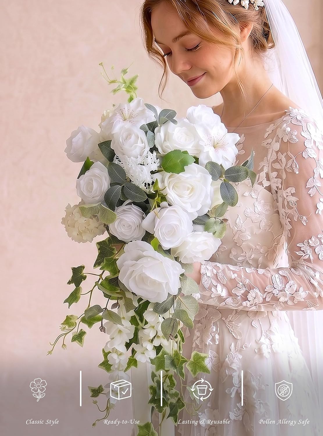 13.7" Wedding Bouquets for Bride,White Silk Cascading Bride Bouquet White & Sage 13.7inch