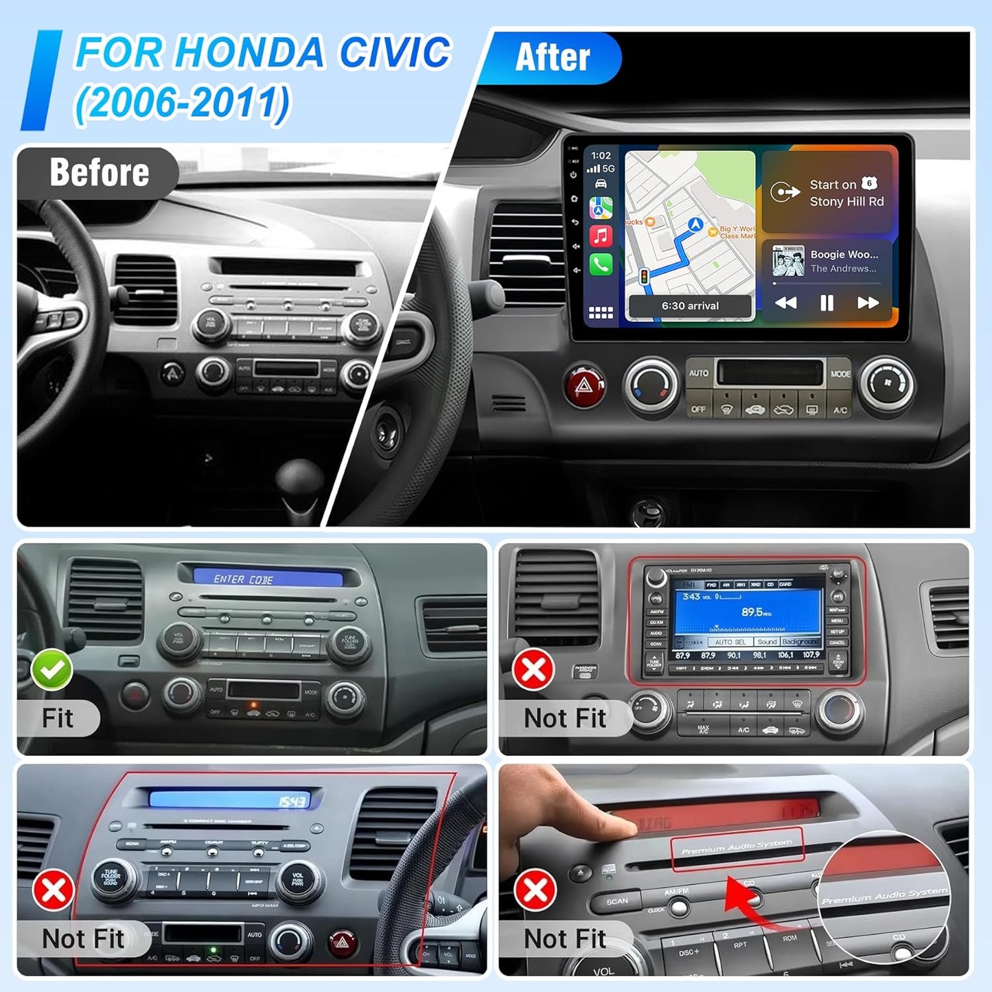 10" Radio for Honda Civic (2006–2011, 8th Gen), Android 15 Stereo, Wireless Apple CarPlay & Android Auto, Bluetooth 5.0, Built-in GPS + Wi-Fi, 2GB + 64GB, HD Touchscreen Head Unit with AM/FM/RDS
