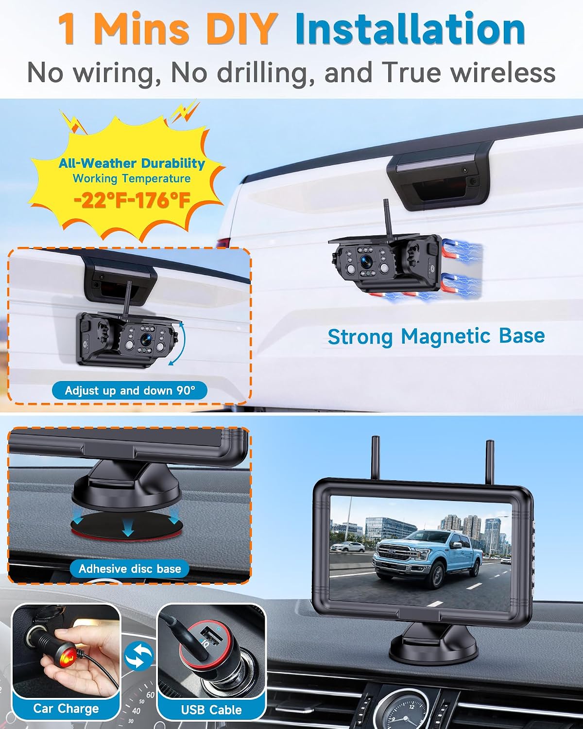 1296P HD 7.2'' Magnetic Wireless Backup Camera for Trucks Clear Day & Night