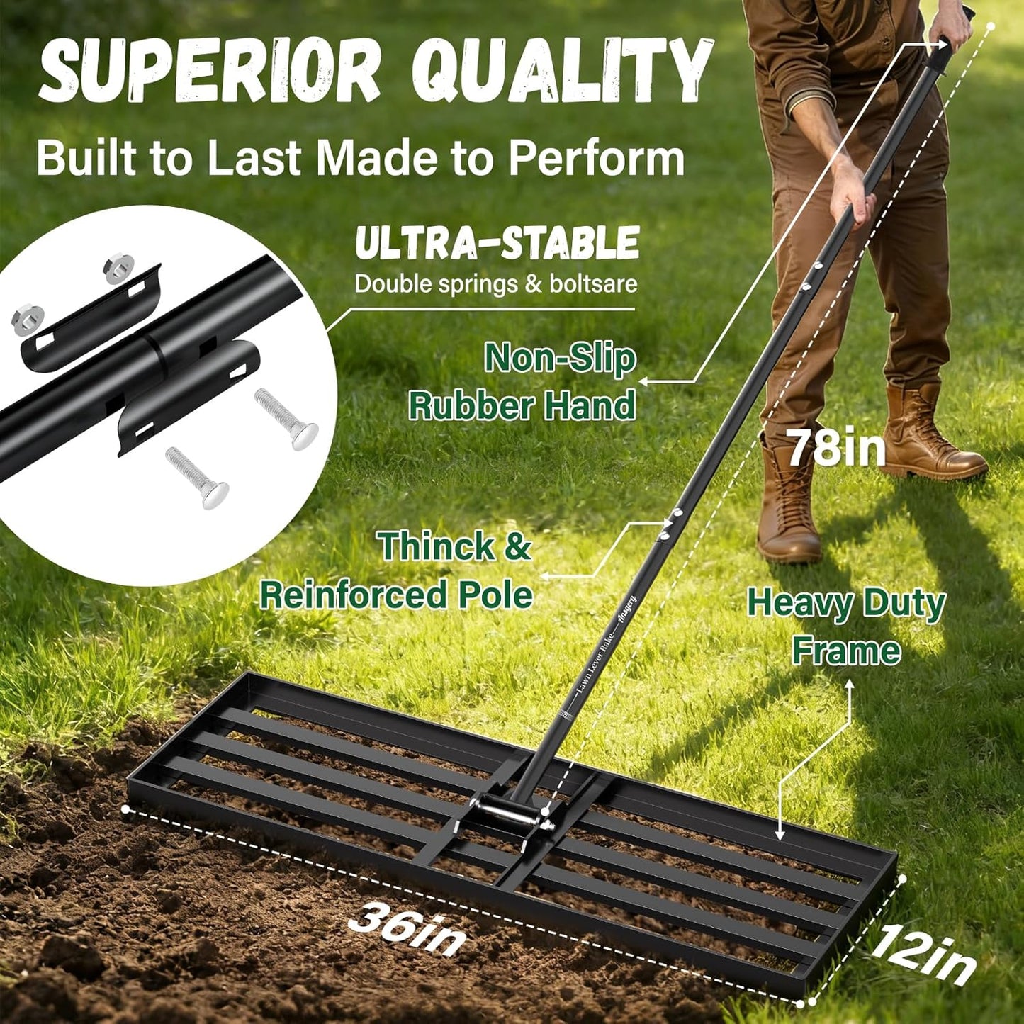 Lawn Leveling Rake 36X12 inch,Lawn Leveler with 78" Long Handle,Heavy Duty Ground Leveler for Yard,Sand,Dirt,Golf and Farm,Effort Saving Lawn Leveling Tool,Landscape Leveling Rake 36x12in