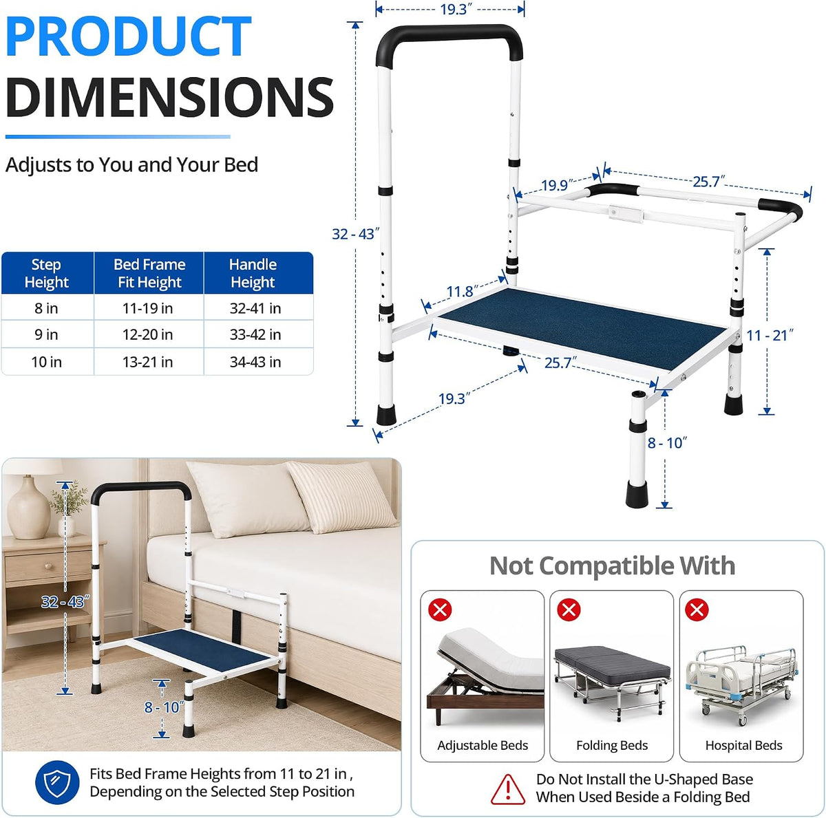 Bed Step Stool for Adults, 5-Level Handrail & 3-LevelStep, 500LBS
