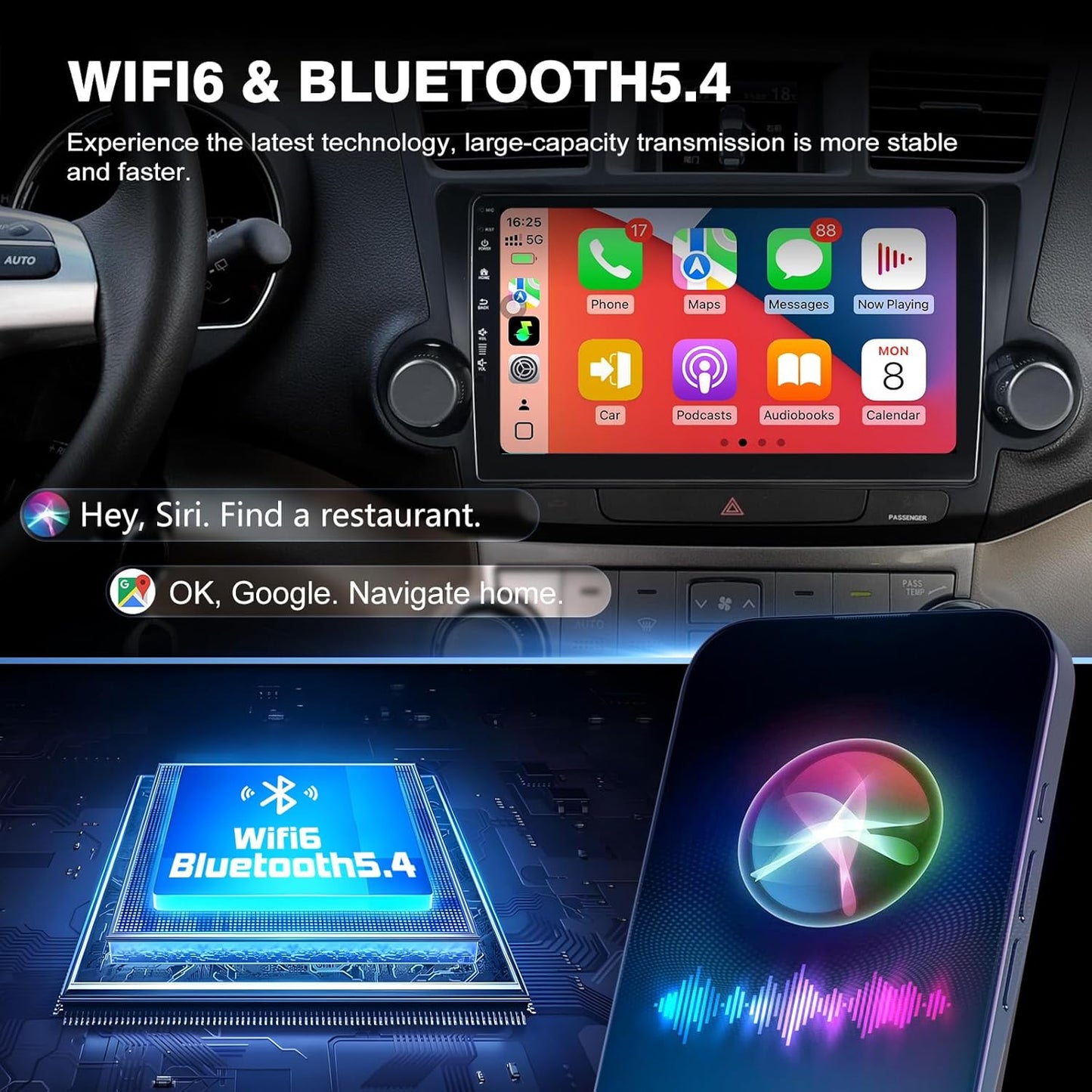 Car Radio Stereo for Toyota Highlander 2008-2013,10" Android 13 Touchscreen Head Unit,Wireless CarPlay & Android Auto,GPS Navigation,HD Backup Camera,Mirror Link,WiFi 6,Bluetooth 5.4,FM,SWC 2Ram 64Rom
