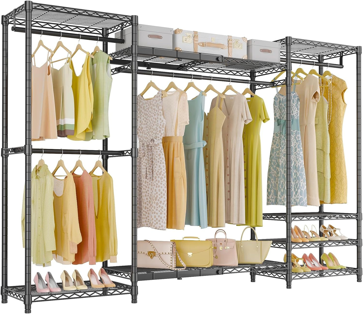 X5 Heavy Duty Clothing Rack for Hanging Clothes, Large Freestanding Portable Closet Expandable Clothes Rack with 4 Hanging Rods & 8 Wire Shelves,