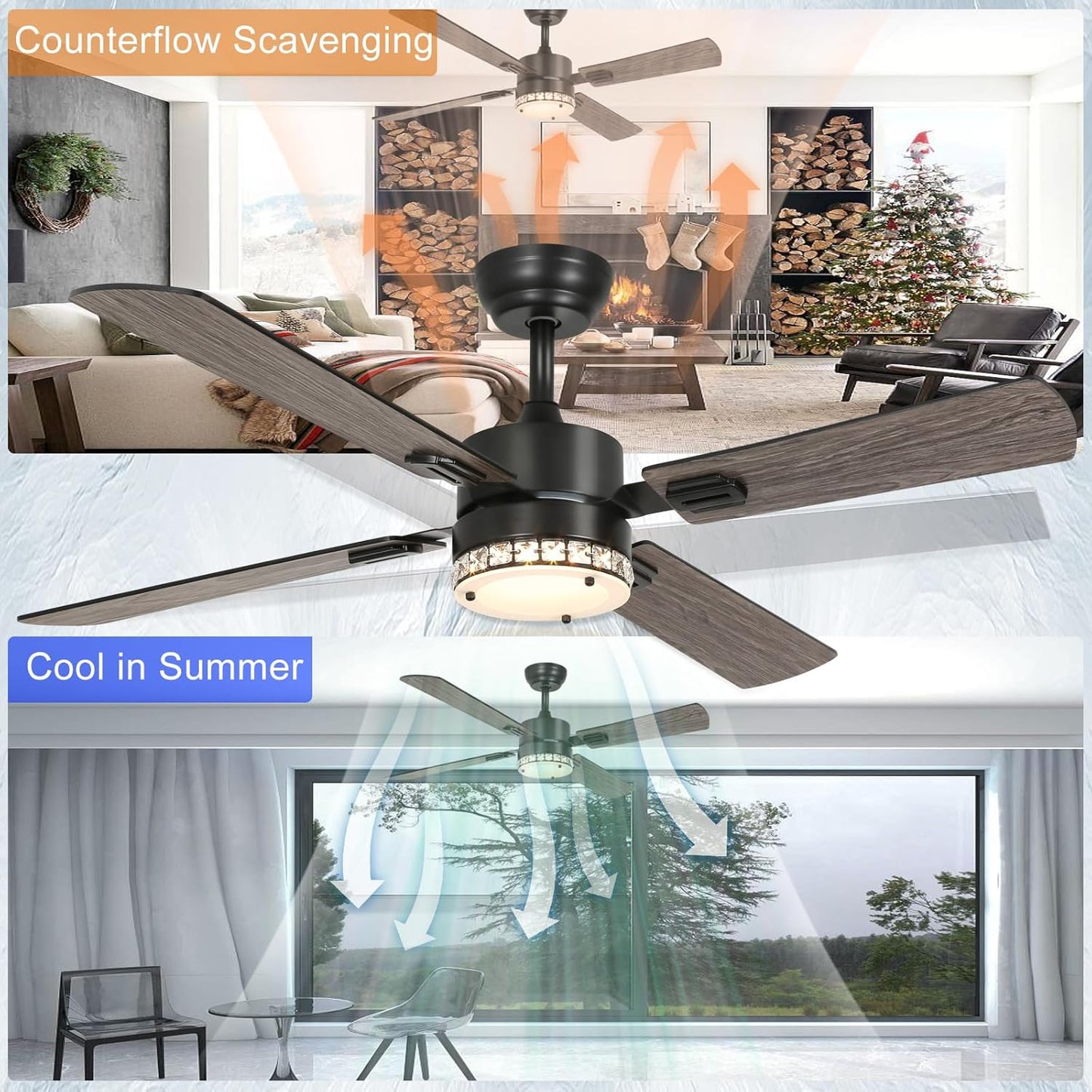 Xermei Ceiling Fan with Lights Remote Control,52 inch Crystal Lampshade Ceiling Fan,Low Profile Modern Ceiling Fan with Light,Noiseless Reversible DC