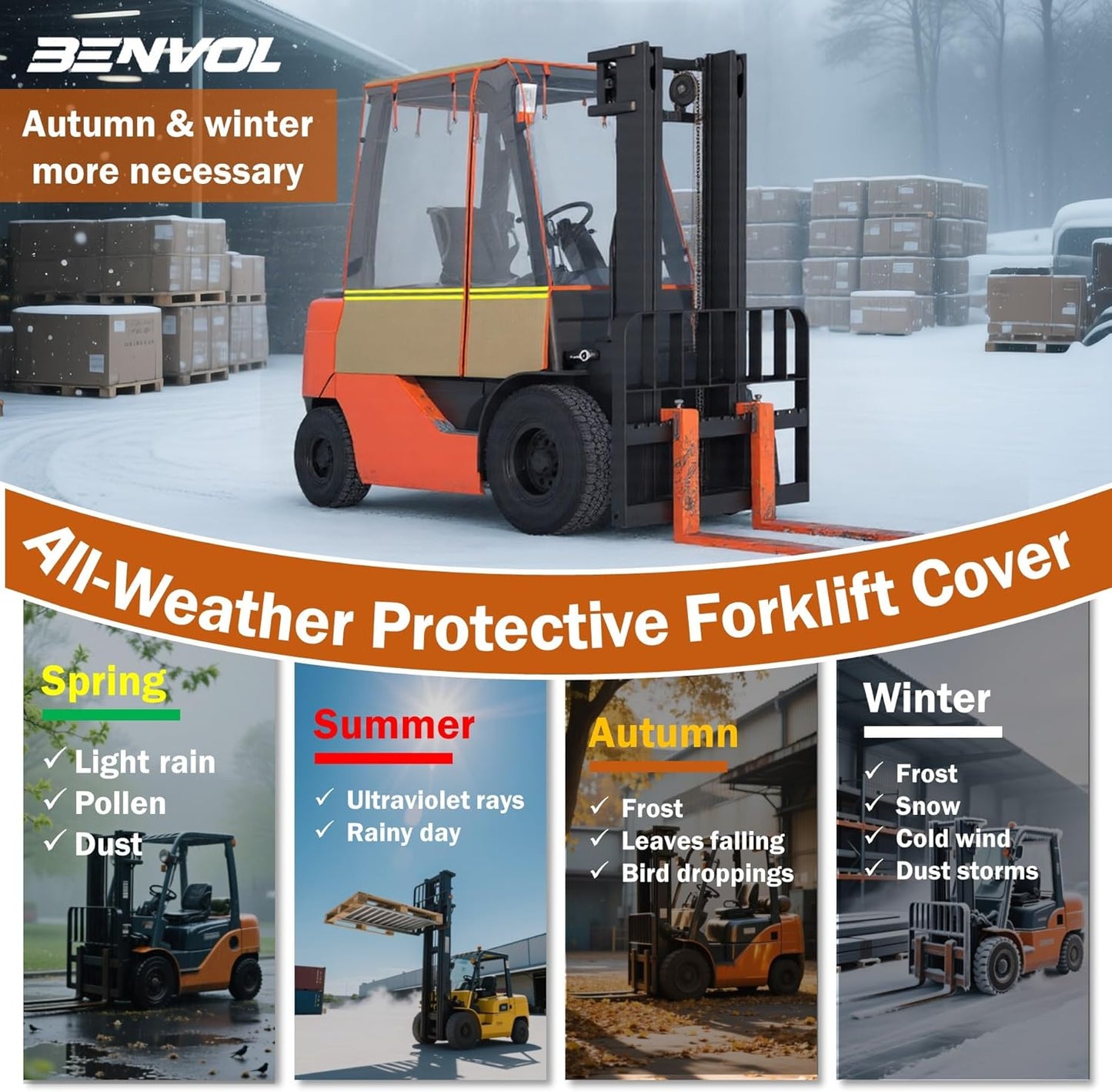 BENVOL Forklift Cab Enclosure Cover - Heavy Duty 0.5mm Clear PVC & 600D Silver-Coated Oxford - Universal Forklift Rain Cover Sunshade Fits Toyota Hyster Yale up to 6000lbs - Waterproof & UV Protection
