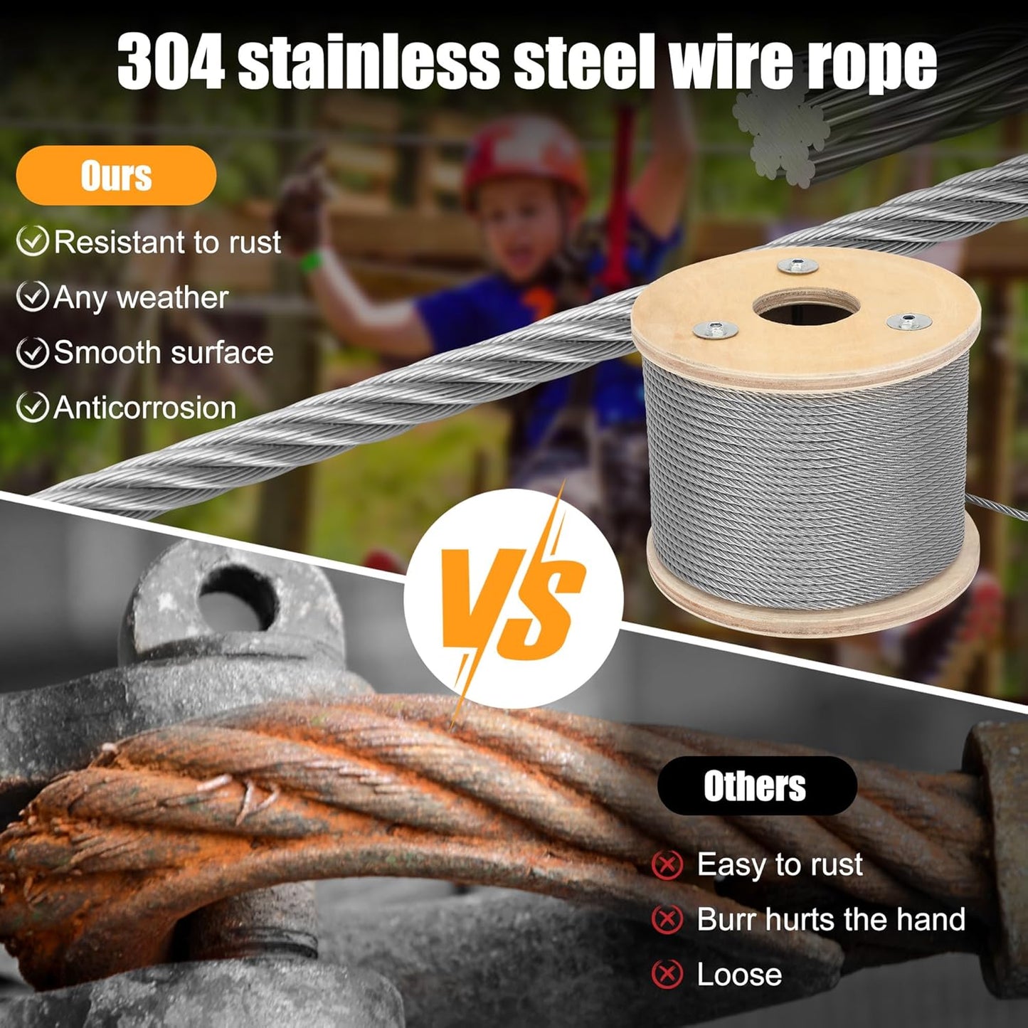 3/16&#34; Stainless Steel Cable, 500ft Wire Rope, 7X19 Strands Aircraft Cable, 3700lbs Breaking Strength, Heavy Duty Applications Zip Line, Cable