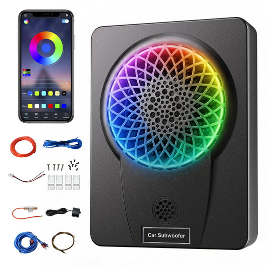 litillbuly 1200W 10'' Car Subwoofer Ultra-Thin Underseat Subs AMP Package | High/Low Level Inputs, Colorful LED Breathing Light Remote Control Enhanced Bass for Truck/SUV/Car/Jeep/MPV