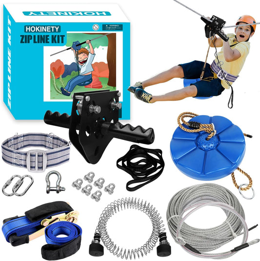 HOKINETY Zip Line Kit for Kids Adults : 100FT Up to 450Lbs - Quick Setup Zipline for Backyard Outdoor with 100% Rust Proof