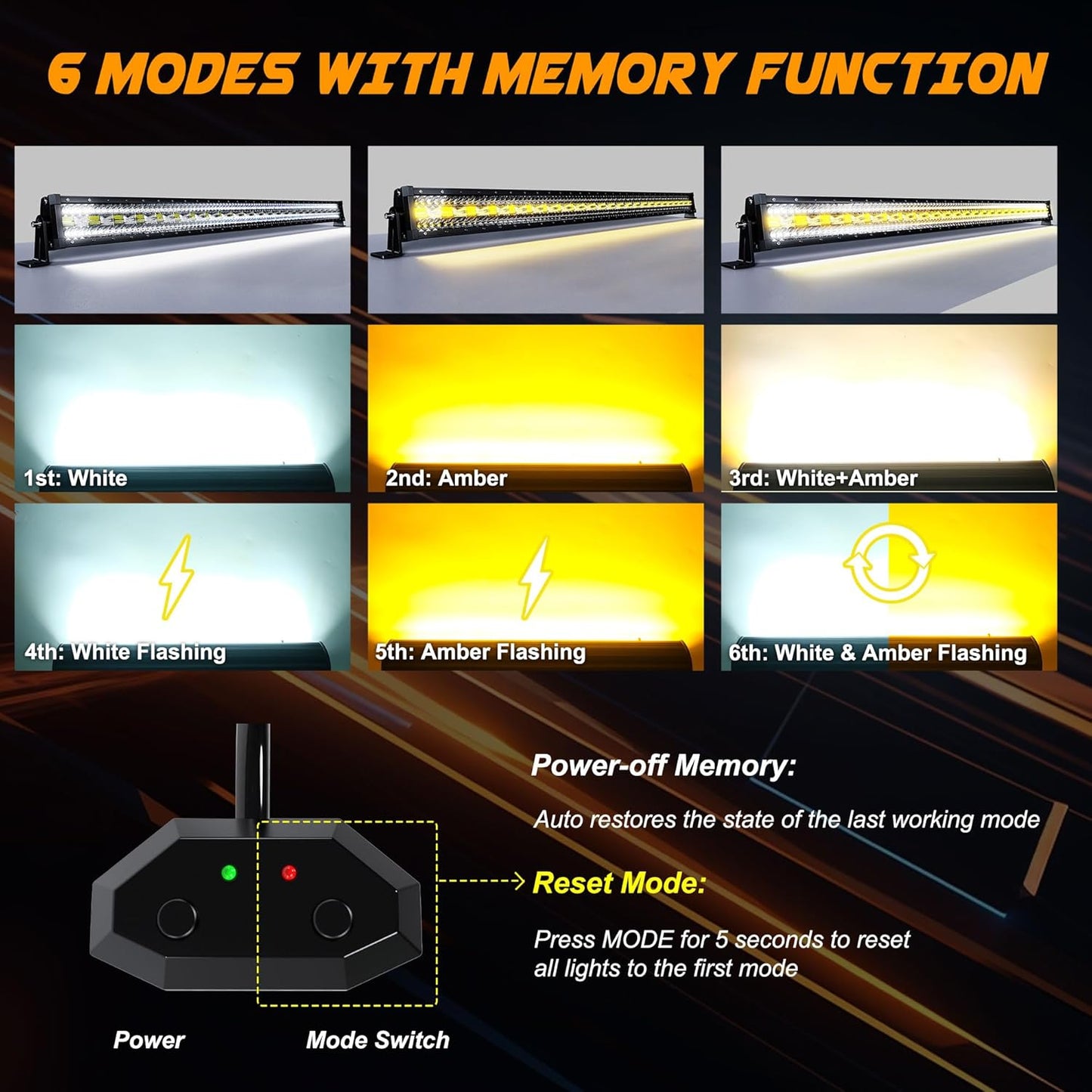 ASLONG 52 Inch 300W LED Light Bar White/Amber Flasing Strobe with Six Modes Spot Flood Offroad Driving Light with Upper Windshield Mounting Brackets