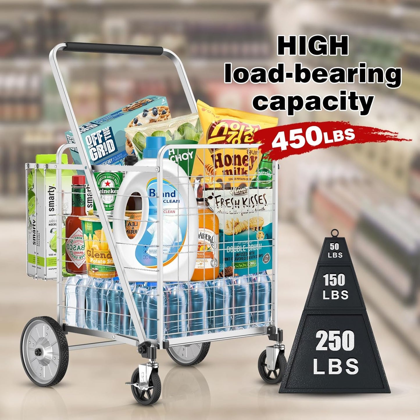 Folding Shopping Cart with 360 Rolling Swivel Wheels & Brakes - 6ft Foldable Grocery Cart with Double Basket & Li