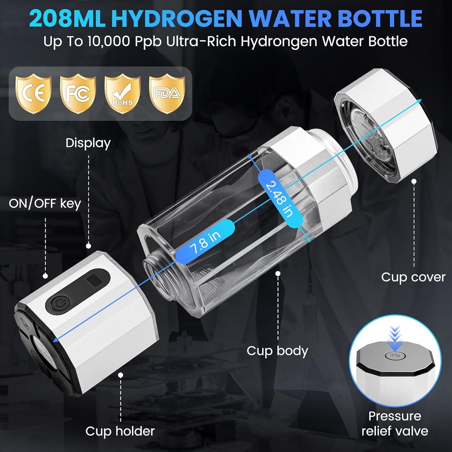Hydrogen Water Bottle 10,000+PPB - PPB Molecular Hydrogen Infusion - SPE/PEM Technology (Silver)