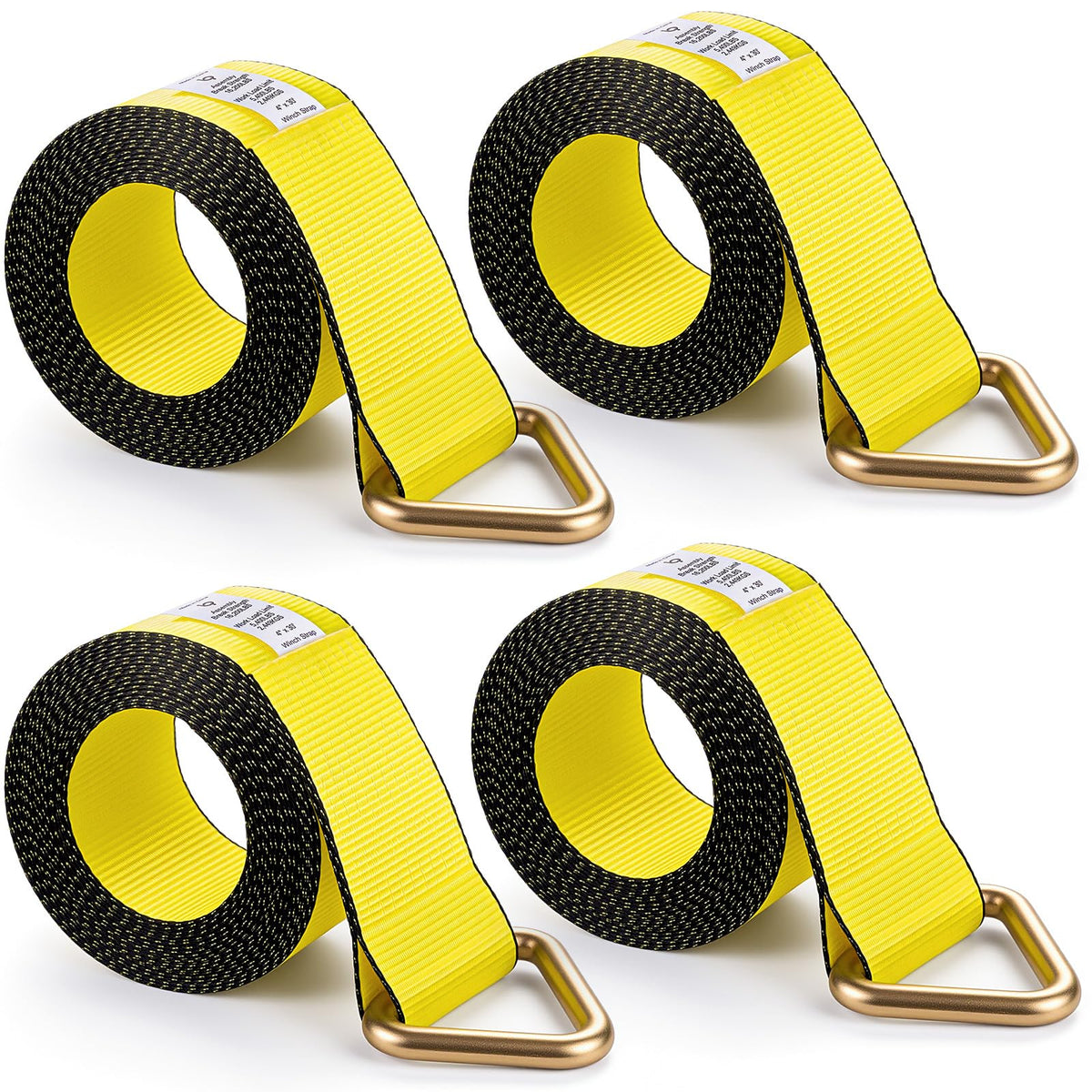 Woanger 4 Pack Cargo Control 4" x 30' Winch Straps with D-Rings Heavy Duty 5400 Lbs Working Load Limit Yellow 4 Inch Straps for Flatbed Trailers Trucks Securement