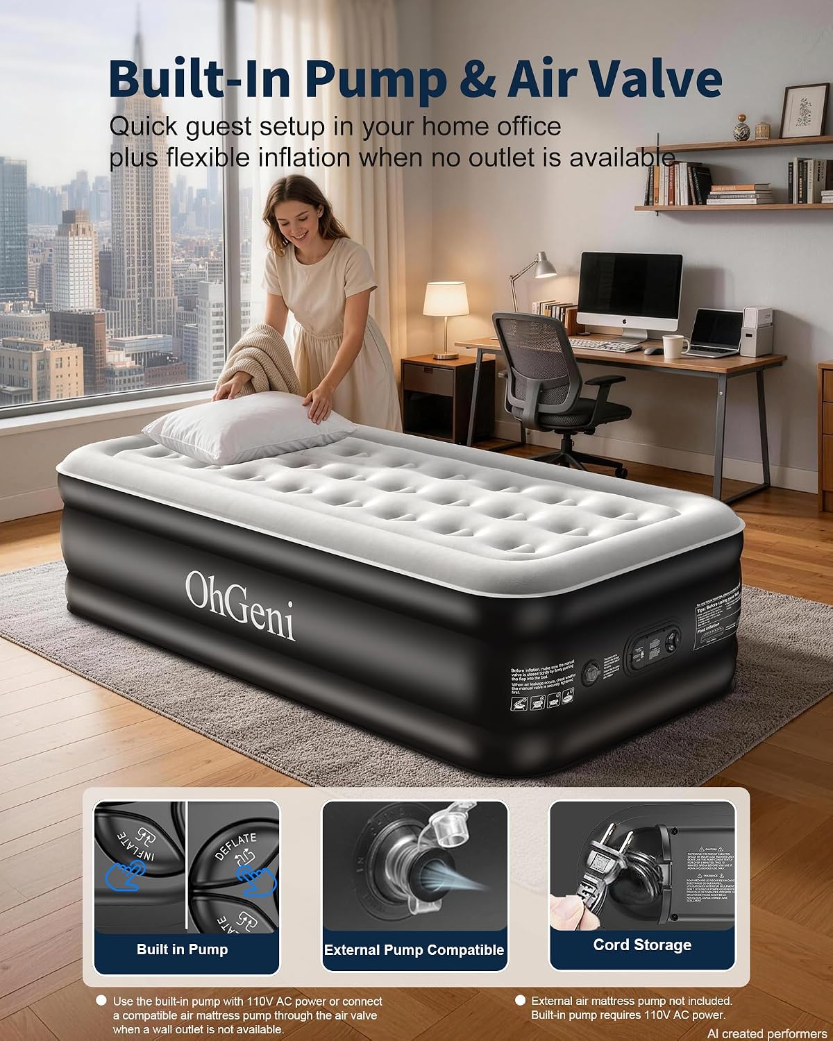 OhGeni 20" Raised Twin XL Air Mattress with Built in Pump, Inflatable Blow Up Mattress, Upgraded Surface Portable Bed for Home, Camping, Colchone Inflable, Ideal Sleep Solution for Guests, 500lbs Comfort Height 20'' Black Twin XL