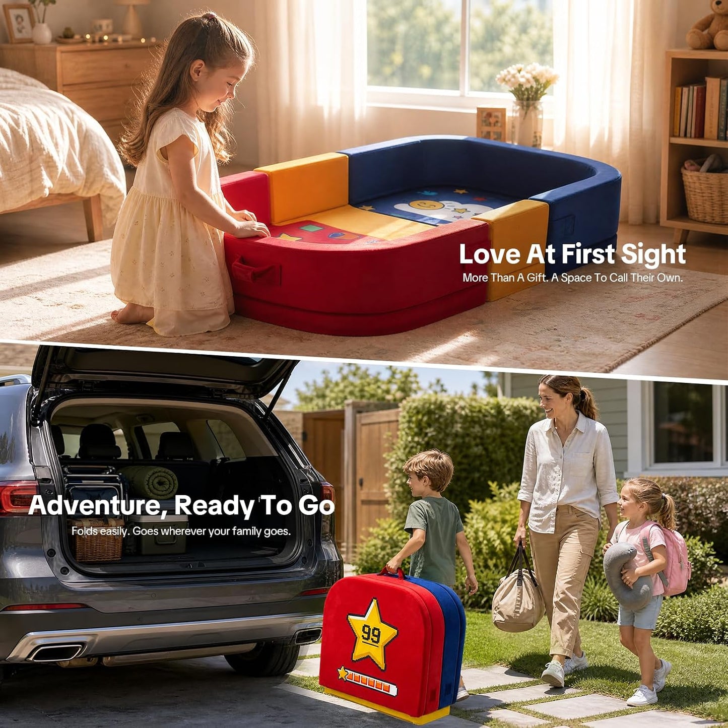 Toddler Travel Bed Foldable Portable Floor Bed Soft Foam 23'' | Built-in Safety Rails, No Assembly, Washable Cover, Comfortable Mattress for Travel, Home Use for Kids Ages 15 to 72 Months Red Blue 54''x23''x7''
