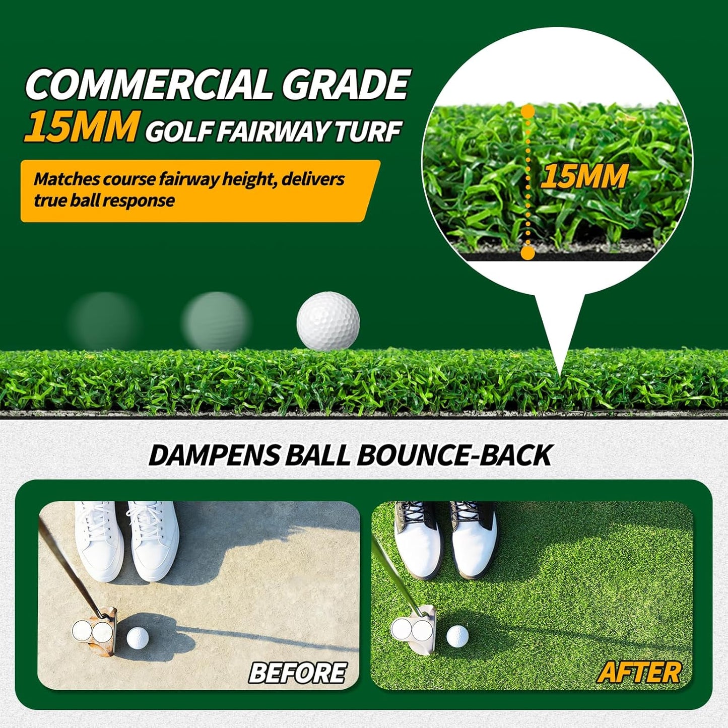 Golf Simulator Turf Mat, 15 mm 8/10/12ft Golf Mat for Indoor Home Setups, Golf Putting Mats Practice Outdoor Training Golf Hitting Mat for Putting Practice Football Sports Gym Backyard 8FTx4.8FT