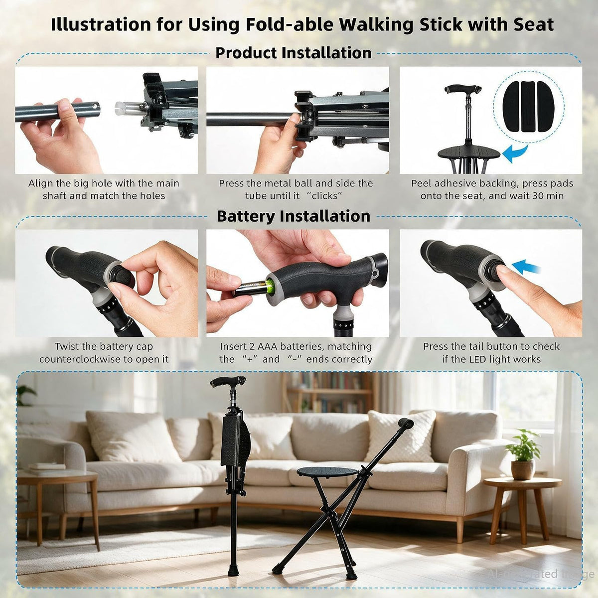 EziMedPil 2-in-1 Adjustable Cane Seat for Seniors with LED Light