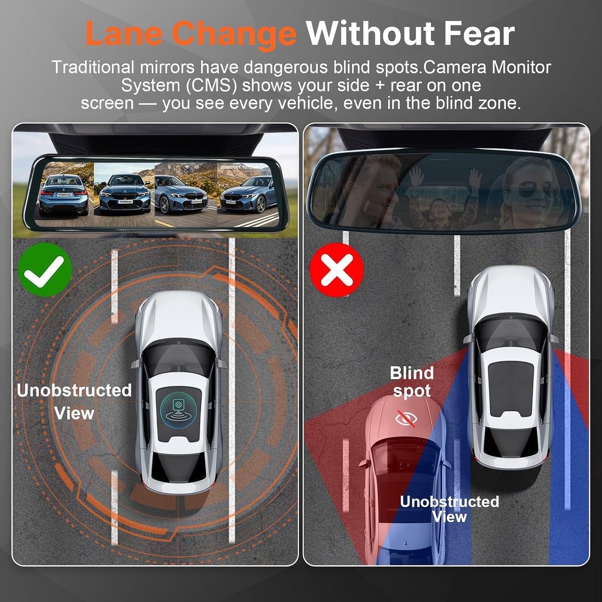 4CH 360 Mirror Dash Cam Front Rear WiFi GPS 128GB SD