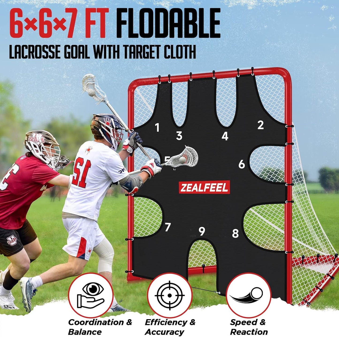 Lacrosse Goal 6x6x7Ft, Foldable Lacrosse Training Net with 9-Zone Target for Accuracy Practice, Heavy-Duty Steel Frame & Tear-Resistant Netting, Backyard Shooting Practice for Teens & Adults