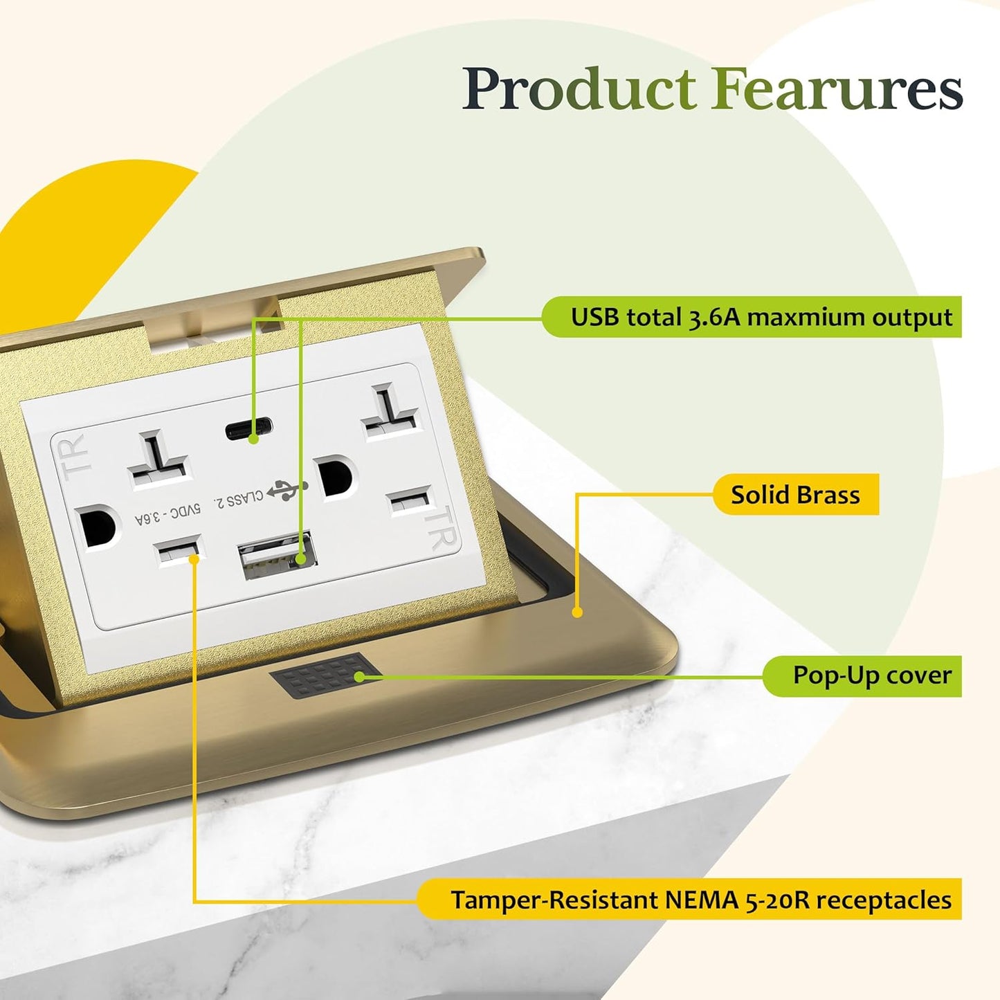 Soft Pop-Up Square Floor Box Kit, 4. 75' x 4. 75' x 2.95', 3.6Amp Type C USB Outlet, 15A Tamper-Resistant