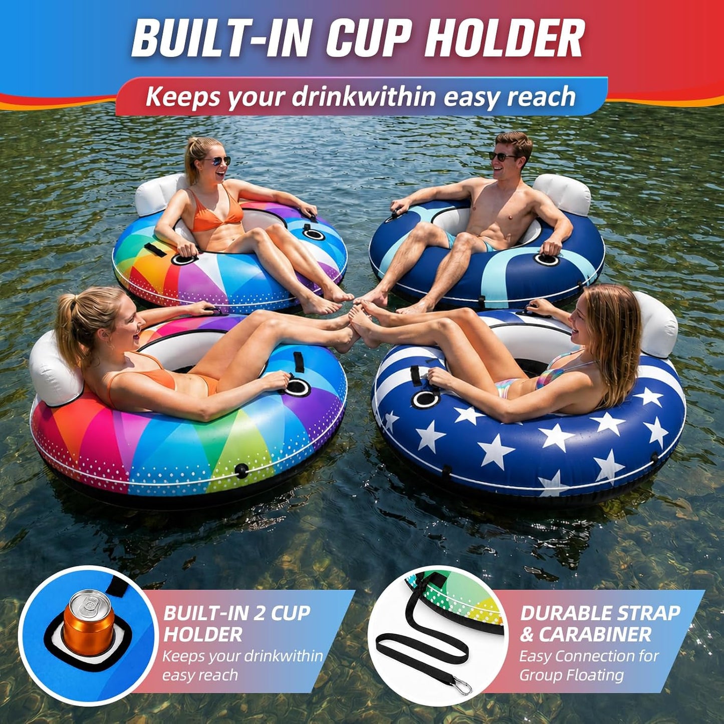 River Tube, 53'' River Float Tube with Premium Canvas Cover, Comfortable Backrest, 2 Built-in Cup Holders, Tow Strap & Handles, Inflatable PVC Water Inner Tubes for Adults Lake Pool Floating
