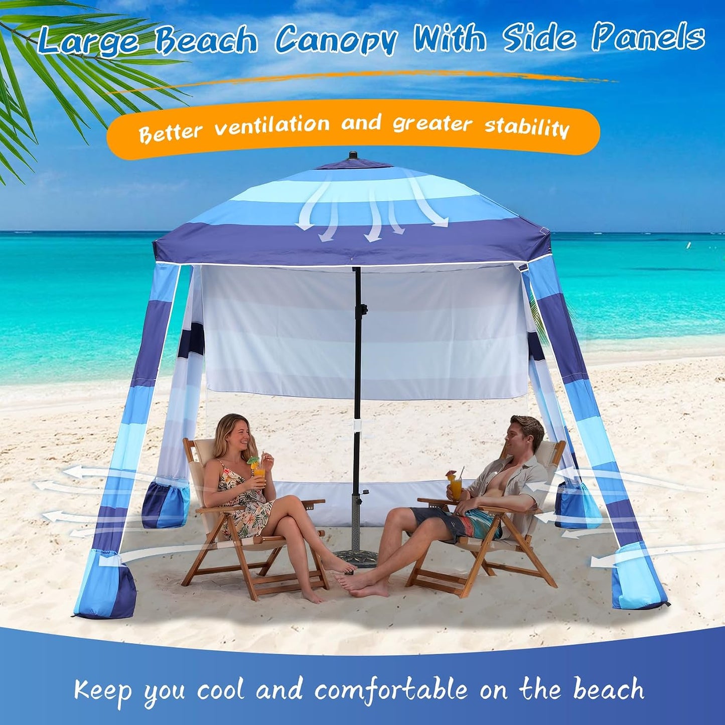 Beach Cabana,Spacious 7.2 x 7.2 FT Beach Cabana Provides Ample Shade for 5-6 People, Perfect for Family Outings; Features 3 Side Curtains for Enhanced Privacy and Wind Protection BLUE